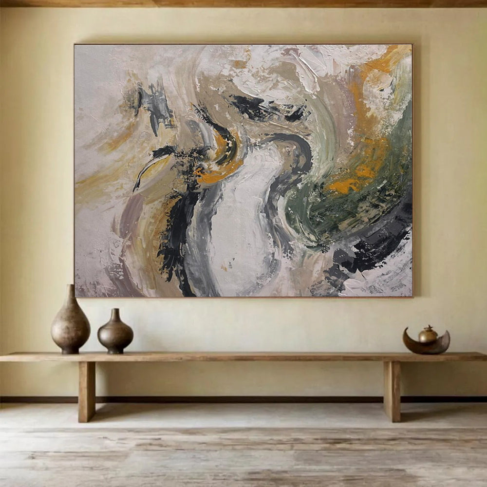 Gray Gold Green Abstract Painting with Subtle, Natural Inspirations THY387