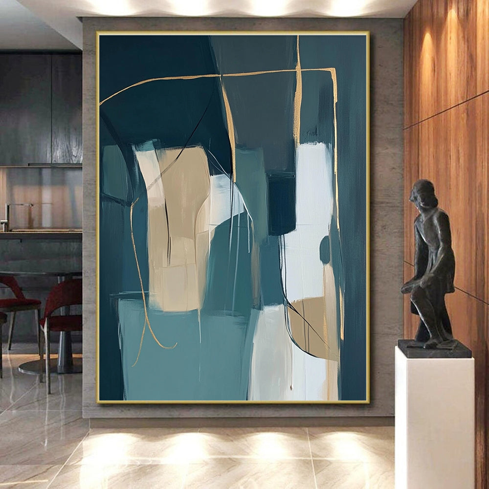 Teal and Beige Abstract Painting with Geometric Lines GER463
