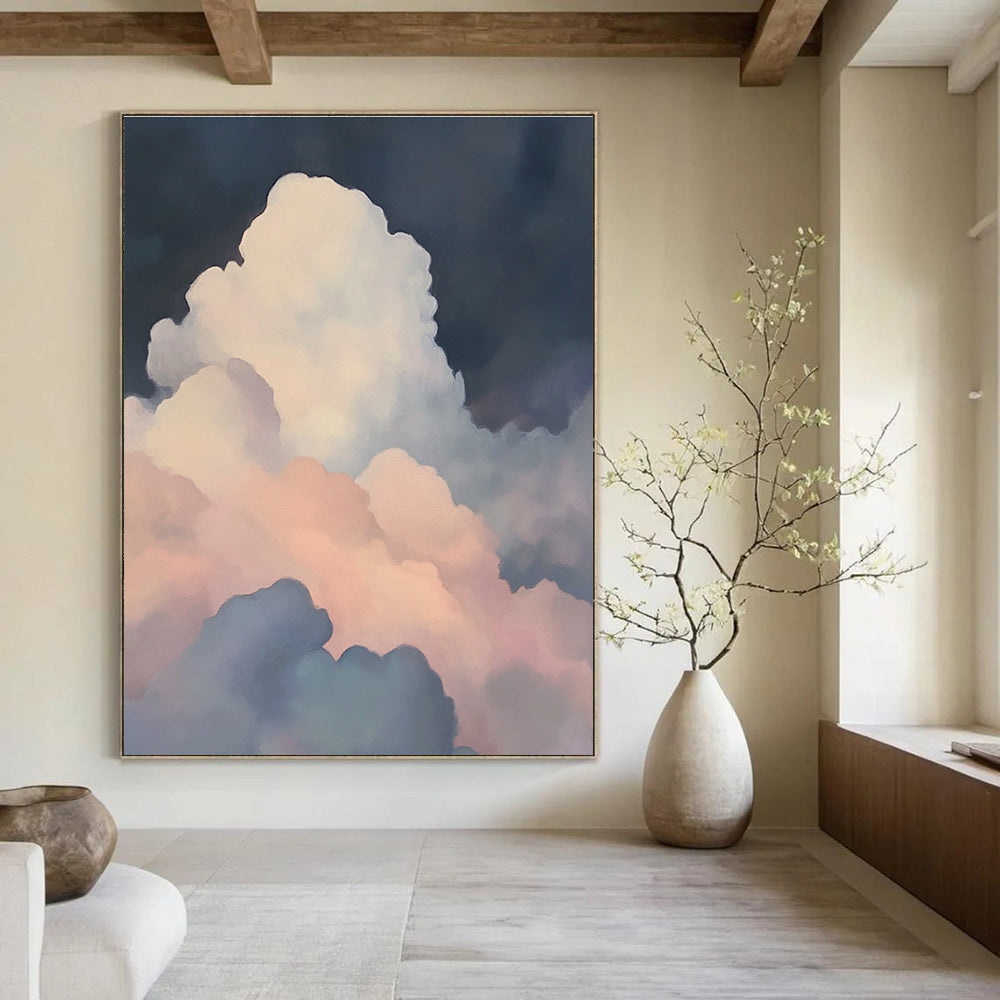 A large abstract painting featuring soft atmospheric scenes with a misty atmosphere and ethereal light shining through colorful clouds.STSC1036