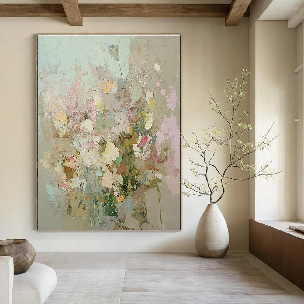Large abstract painting of an overgrown garden with soft pastel colors and thick brushstrokes inspired by Peter Wileman and Cecily Brown.STSC588