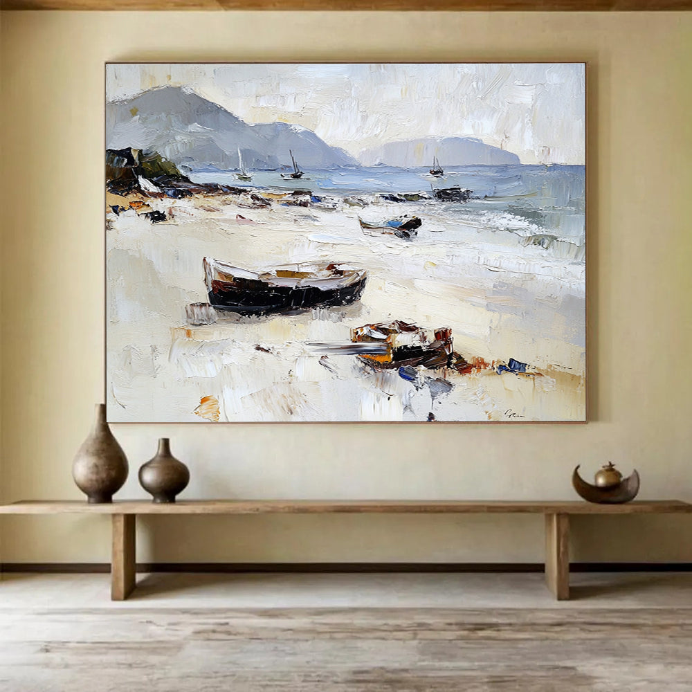 Beach with Boats Impasto Abstract Painting with Light and Neutral Tones DYP602