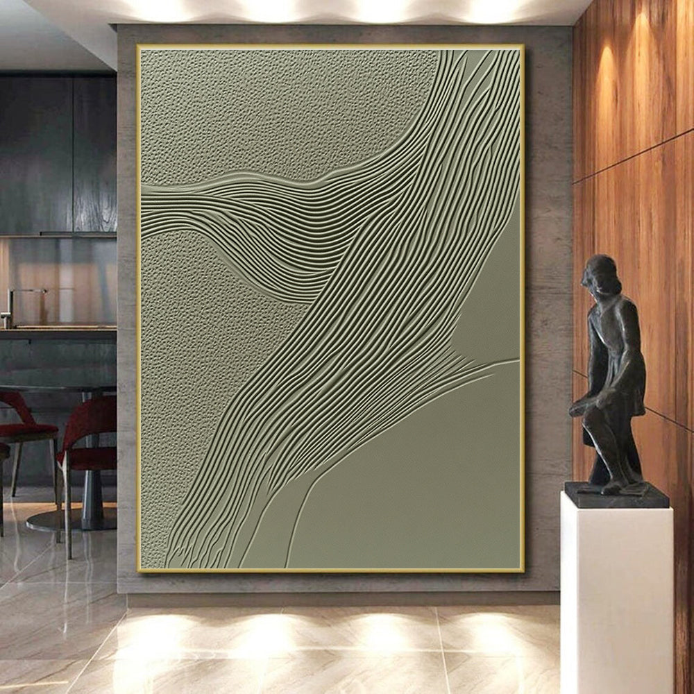 Green Textured Abstract Painting with Wavy Lines GER059