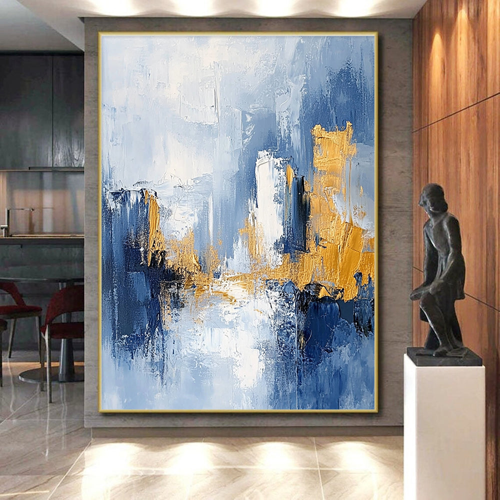 Sky Blue and Gold Abstract Painting with Urban Skylines GER378