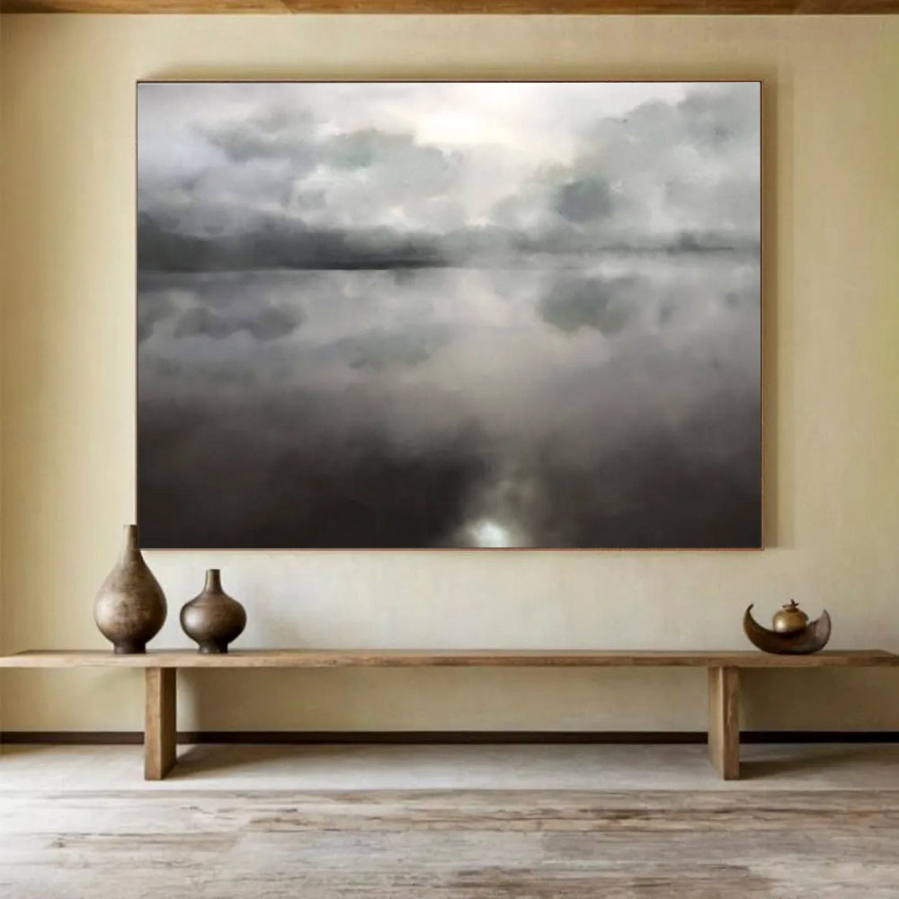 Monochrome Lake Abstract Painting with Cloud Reflections THY124