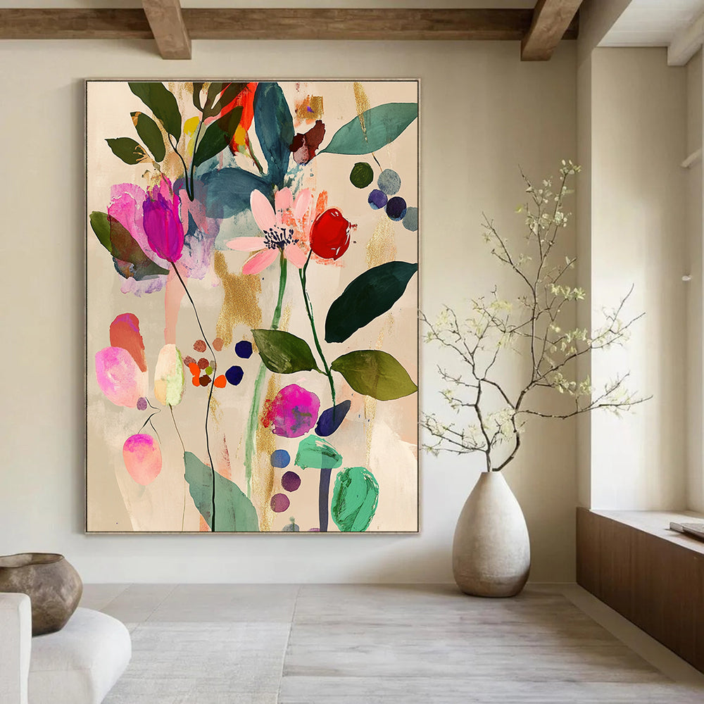Abstract painting featuring pink and green leaves flowers and berries in a Matisse style with watercolor and gold foil on a beige background.STSC043