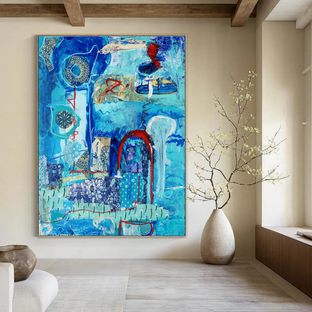 Blue - themed Collage Abstract Painting with Patterns ADGE296