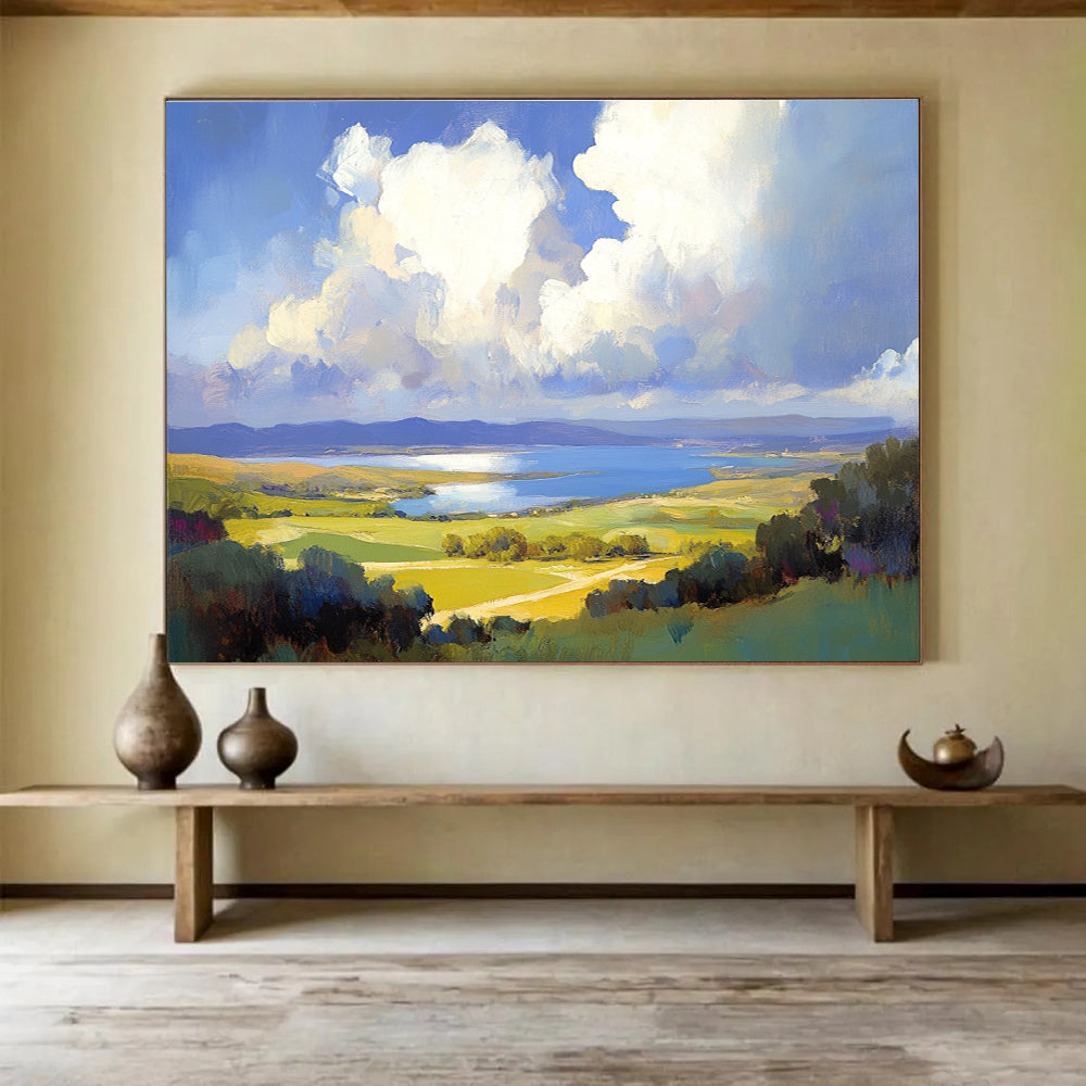 Large abstract painting capturing clouds over the bay area inspired by Gerhartz Sargent and Stats with vibrant colors and dynamic brushwork.SC584