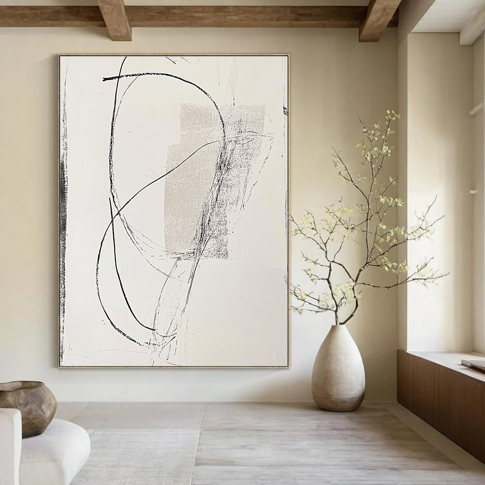Large abstract drawing on paper featuring a side figure intertwined with curved lines against a light gray background.STSC1256