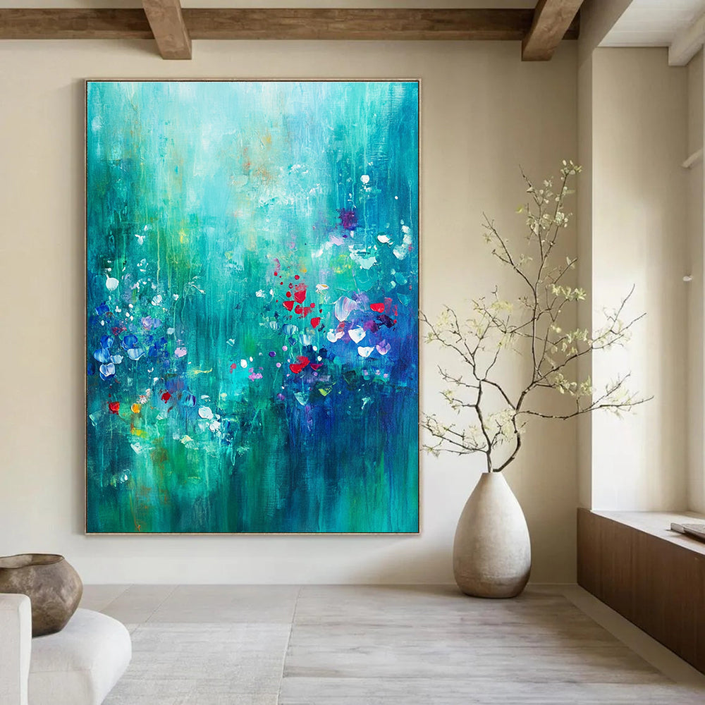 Large abstract painting of an underwater garden in teal and emerald with hints of red and purple evoking serenity and creativity.STSC1021