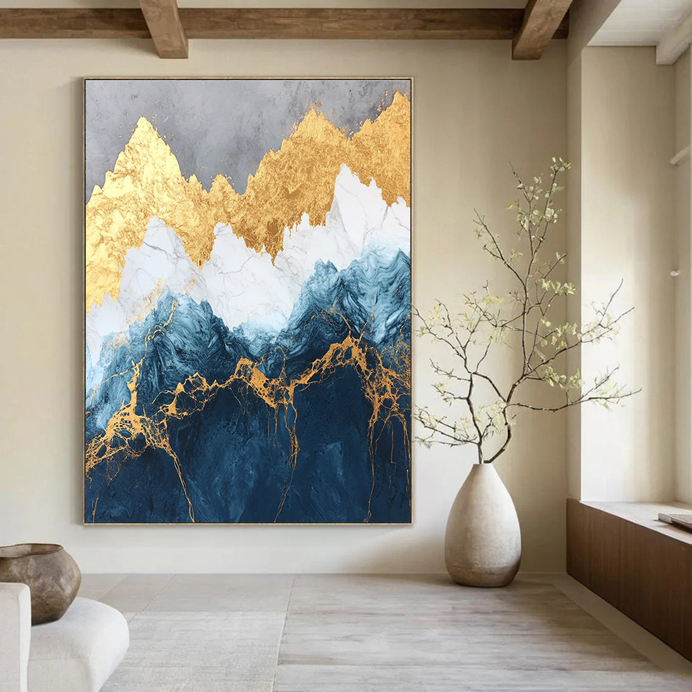 Large abstract marble and gold painting of mountains in deep blue and white with golden accents showcasing luxurious texture and detailed elegance.STSC123