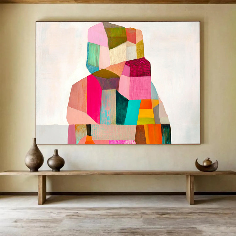 A large abstract painting with geometric shapes in pastel tones capturing the essence of the body against a soft white background.SC354