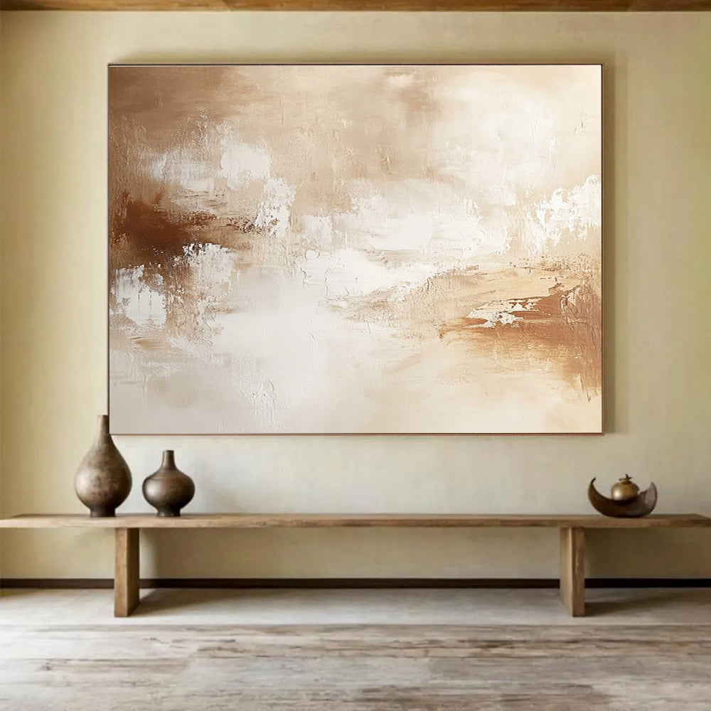 Large abstract painting with warm neutral tones soft brushstrokes and subtle textures creating a calming and sophisticated atmosphere.SC010