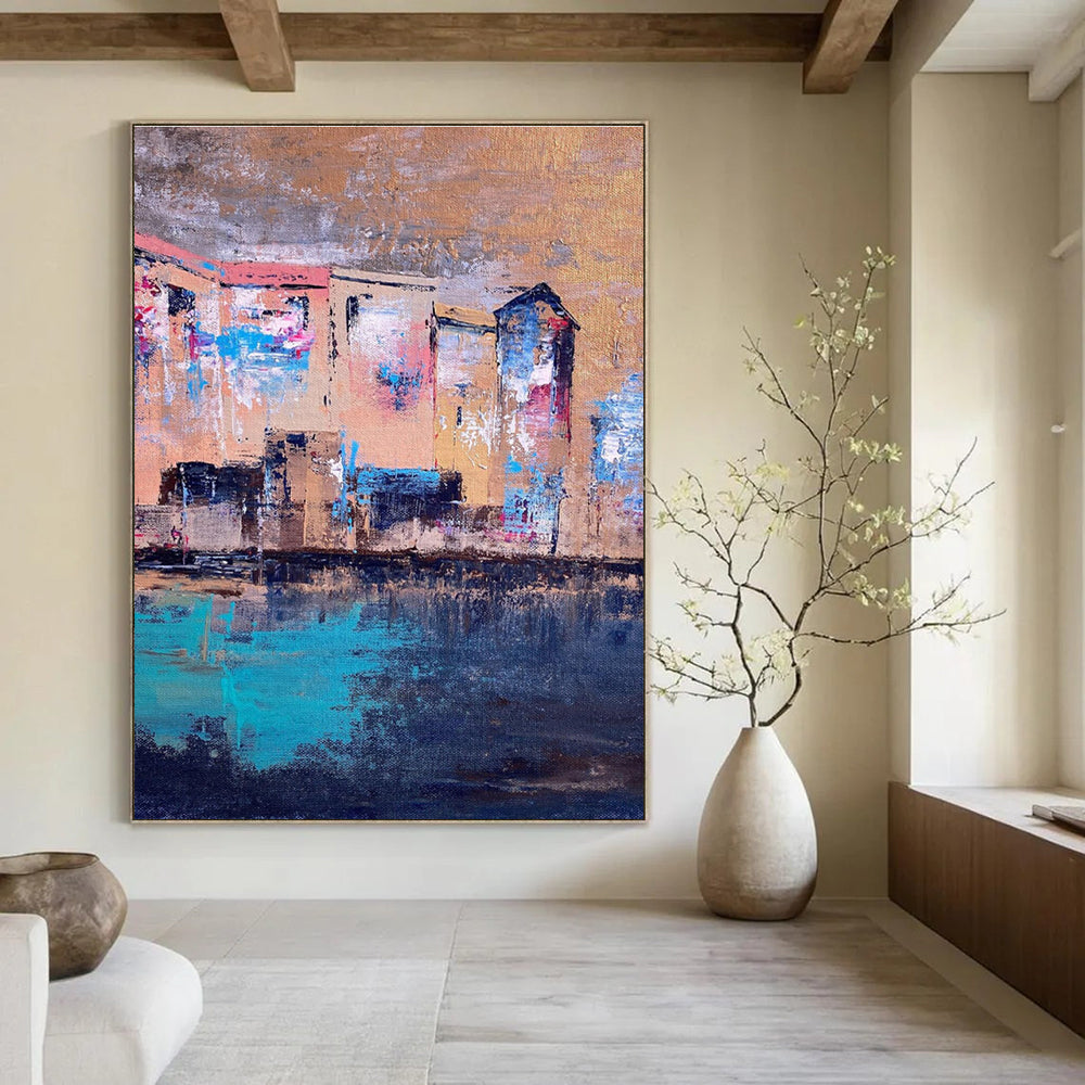 Riverside Houses Abstract Painting with Warm and Cool Tones ADGE460