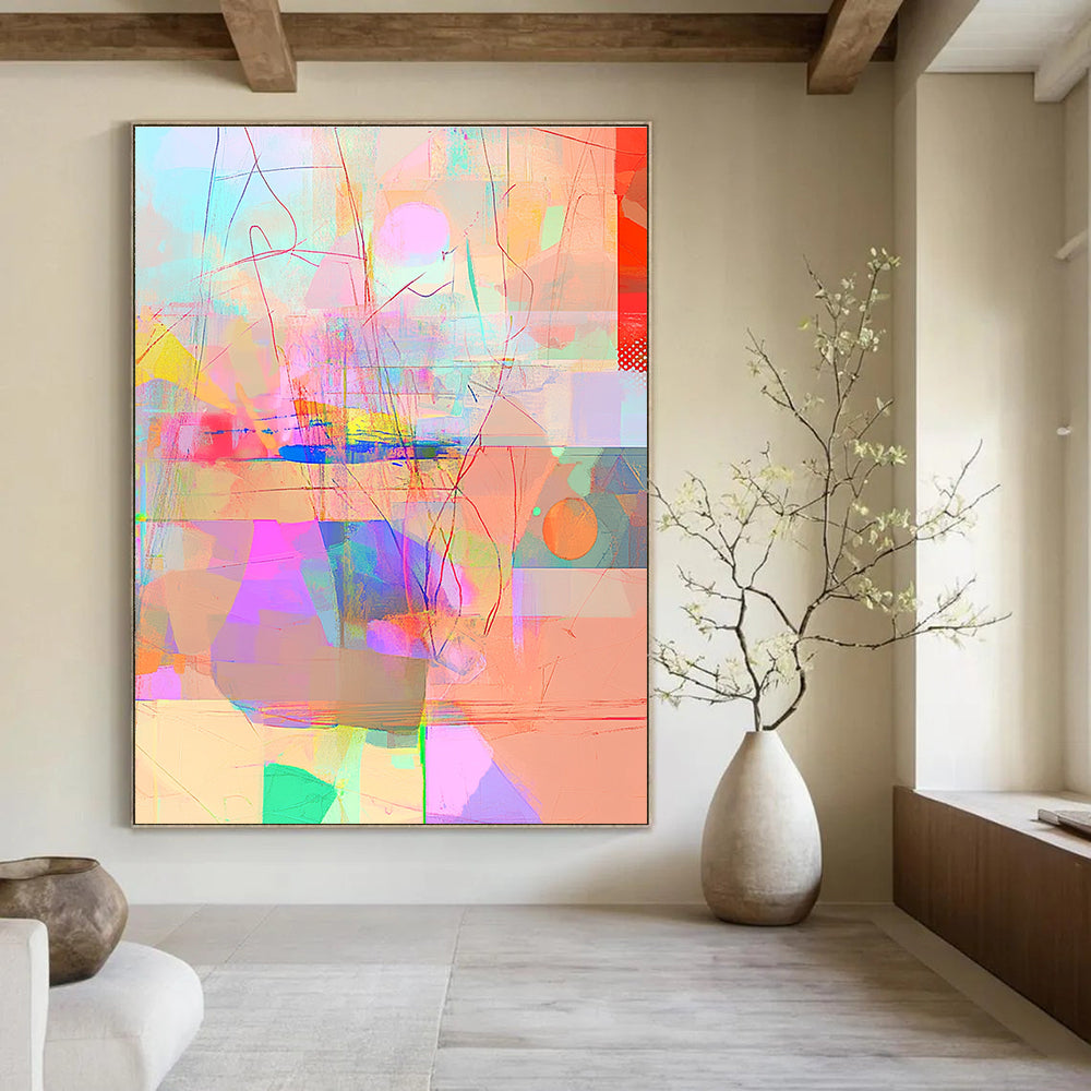 Large Abstract Artwork Blending Minimalism Impressionist Cubofuturism and Glitch Effects in Dreamy Pastel Gradients with Depth and Light Highlights.STSC981