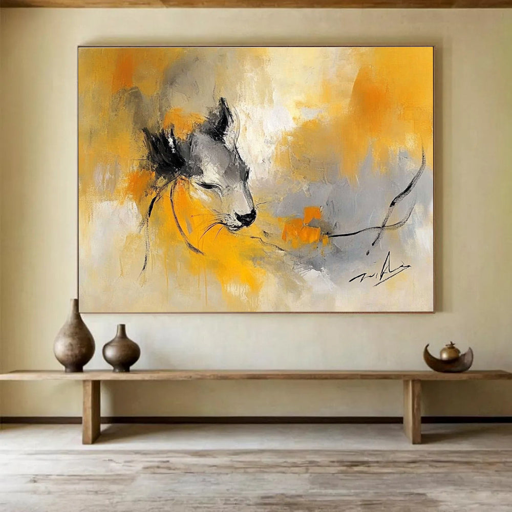 A large abstract painting featuring an animal in shades of yellow and gray, blending the styles of Zao Wou-Ki and Pablo Picasso.SC335