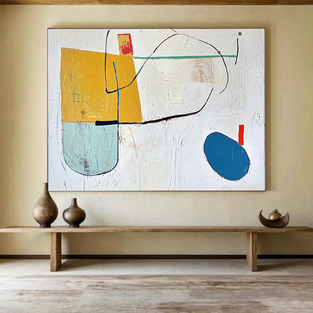 A large abstract painting featuring a yellow block, blue oval line, and colorful shapes on a textured white background.SC298