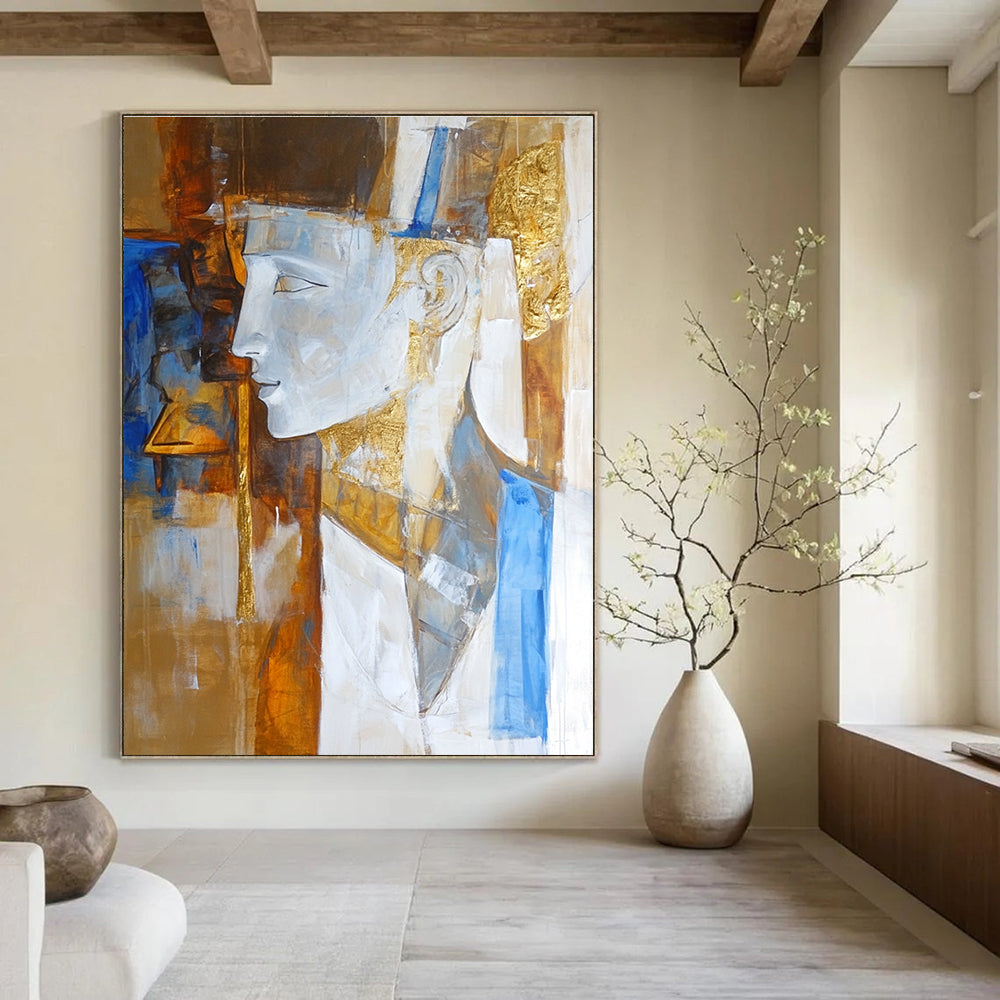 Large abstract painting featuring an ancient Greek sculpture in white brown and blue with elegant golden details.STSC633