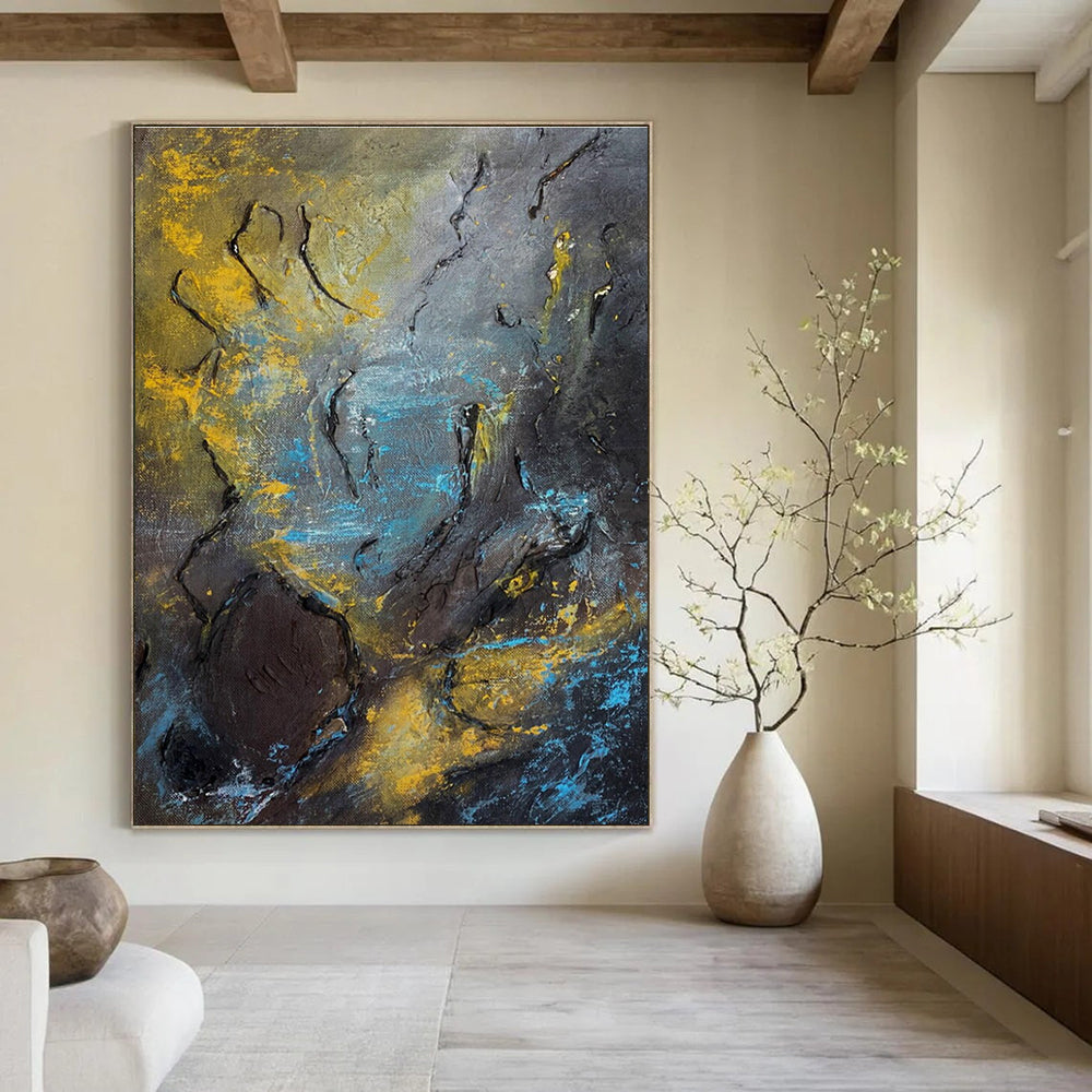 Dark Textured Abstract Painting with Yellow - Blue Accents ADGE471