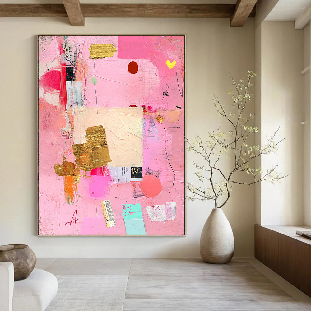 Abstract painting featuring a pink background with collage elements and soft pastel tones conveying love and romance through shapes and textures.STSC748