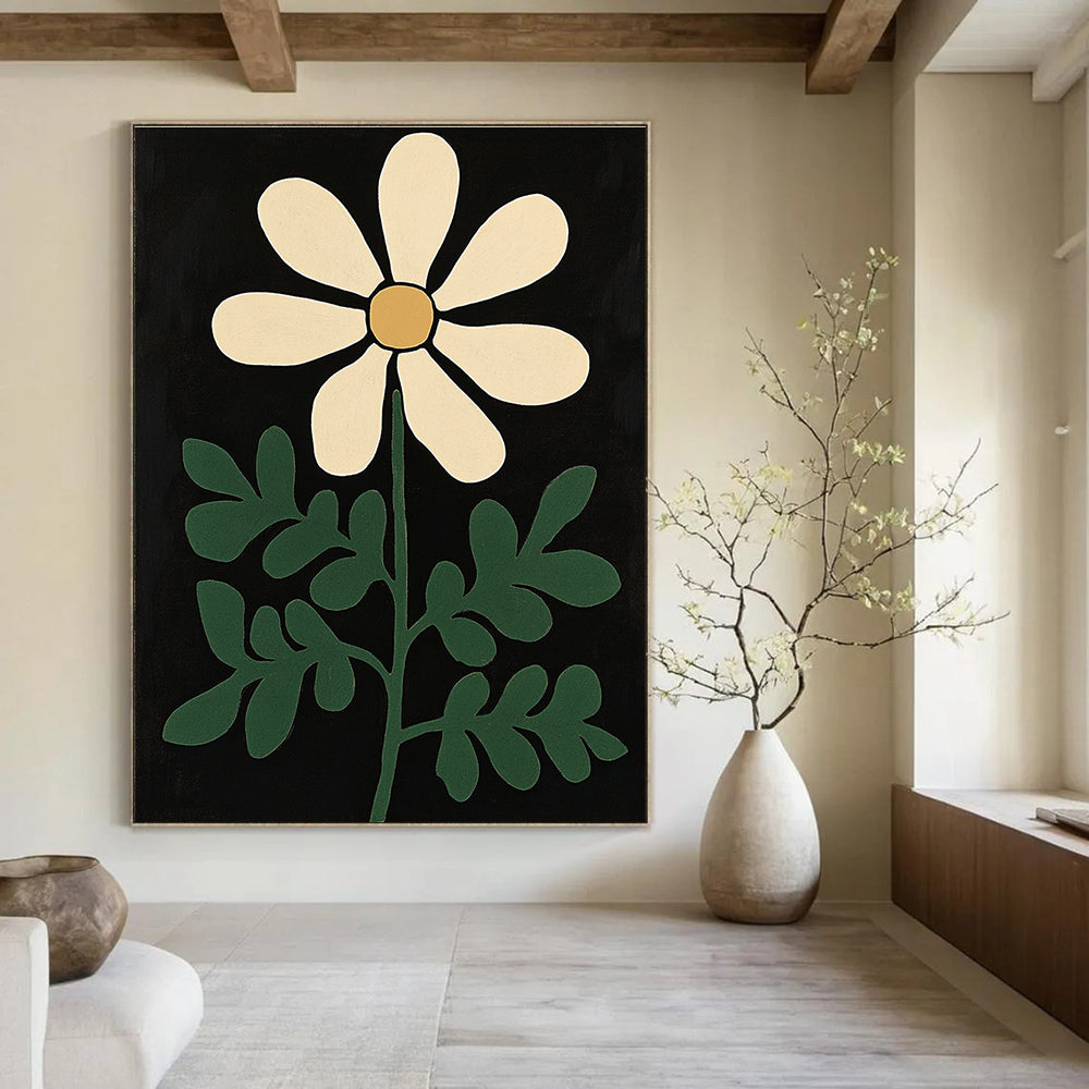 Large abstract painting featuring green fern and white flower on a black background inspired by the styles of Henri Matisse and Bob Staake.STSC1300