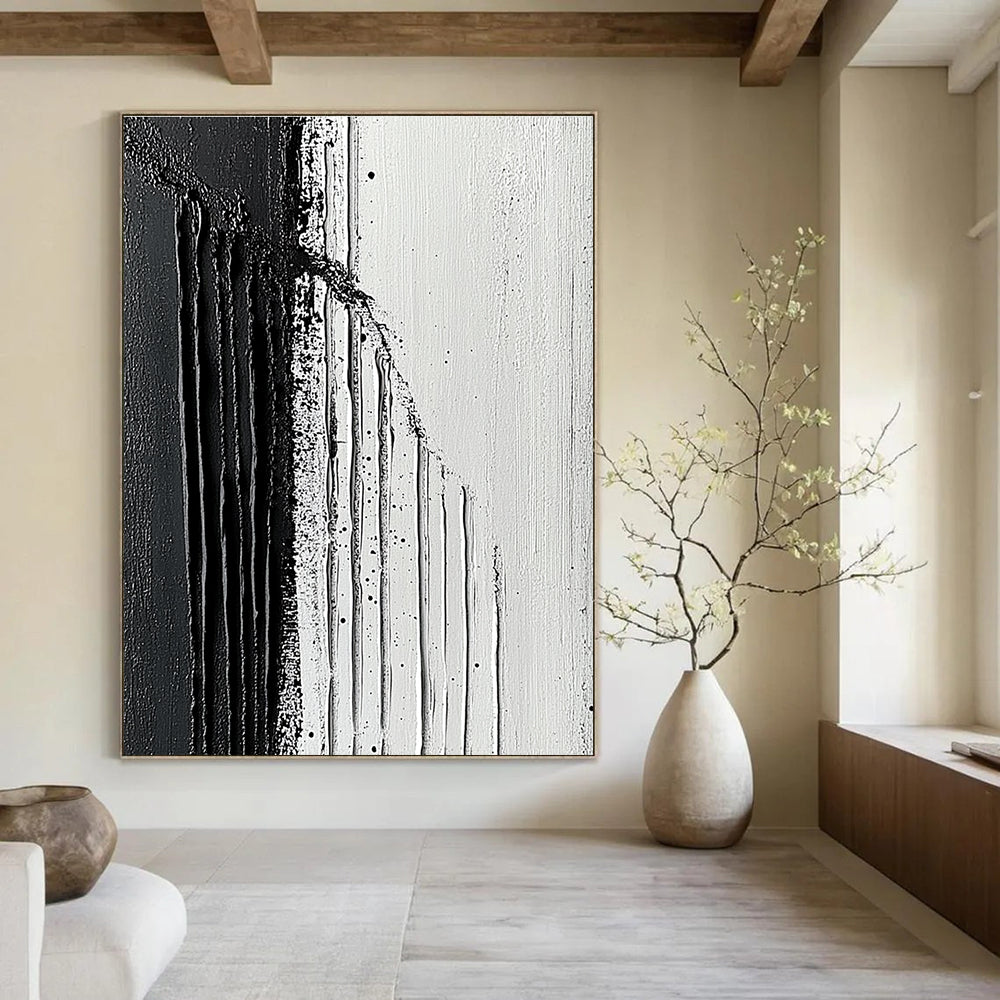 Large abstract painting featuring textured strokes with a striking contrast of dark and light shades embodying minimalism and simplicity on canvas.STSC019