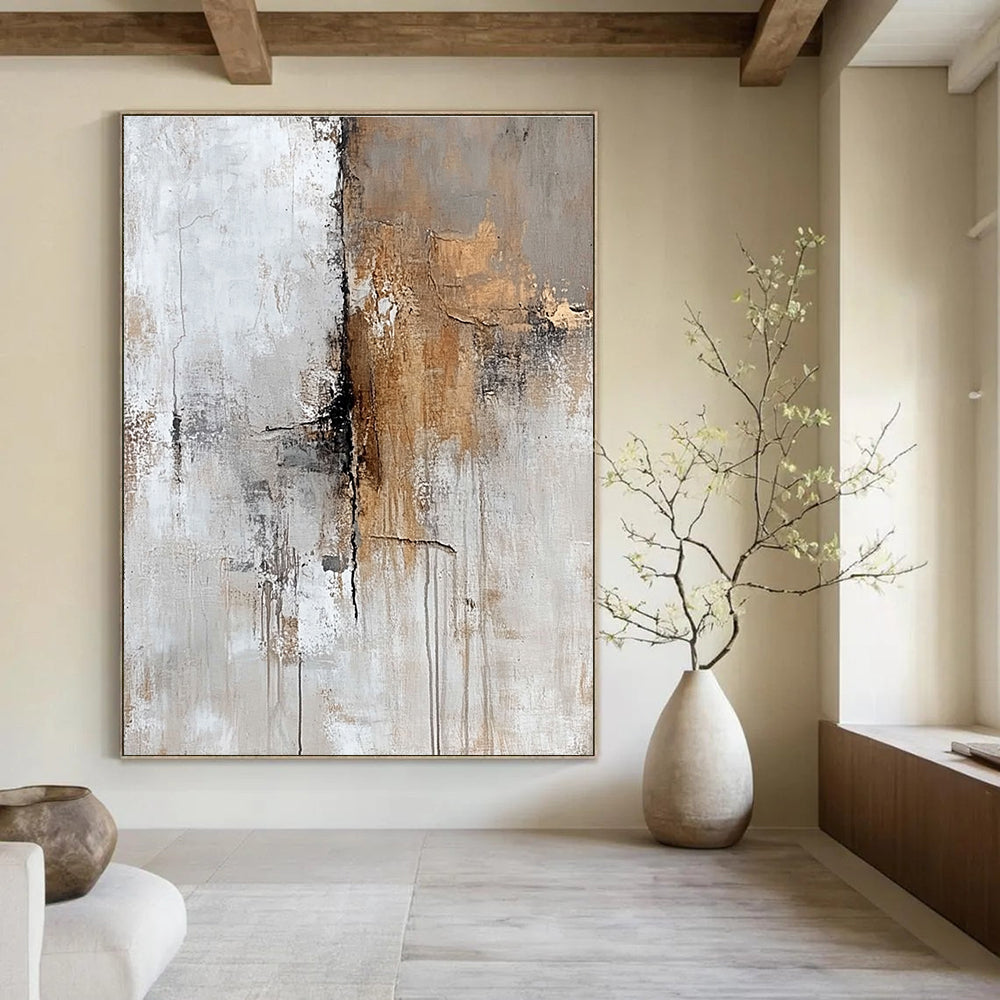 Abstract oil painting featuring faded beige grey and brown textures on a white background evoking nostalgia and mystery through subtle details in corners.STSC591