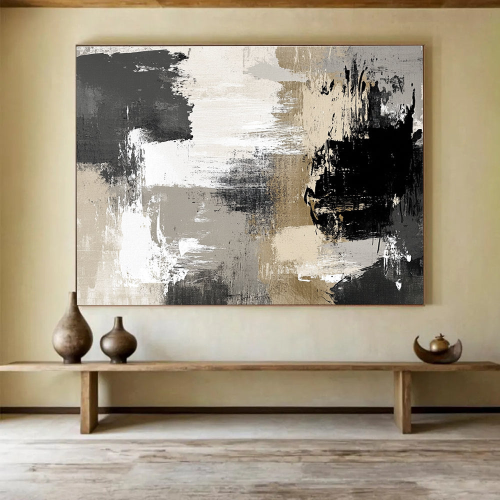 Large abstract painting in neutral gray beige and black tones featuring soft brushstrokes and elegant shapes perfect for contemporary home decor.SC507