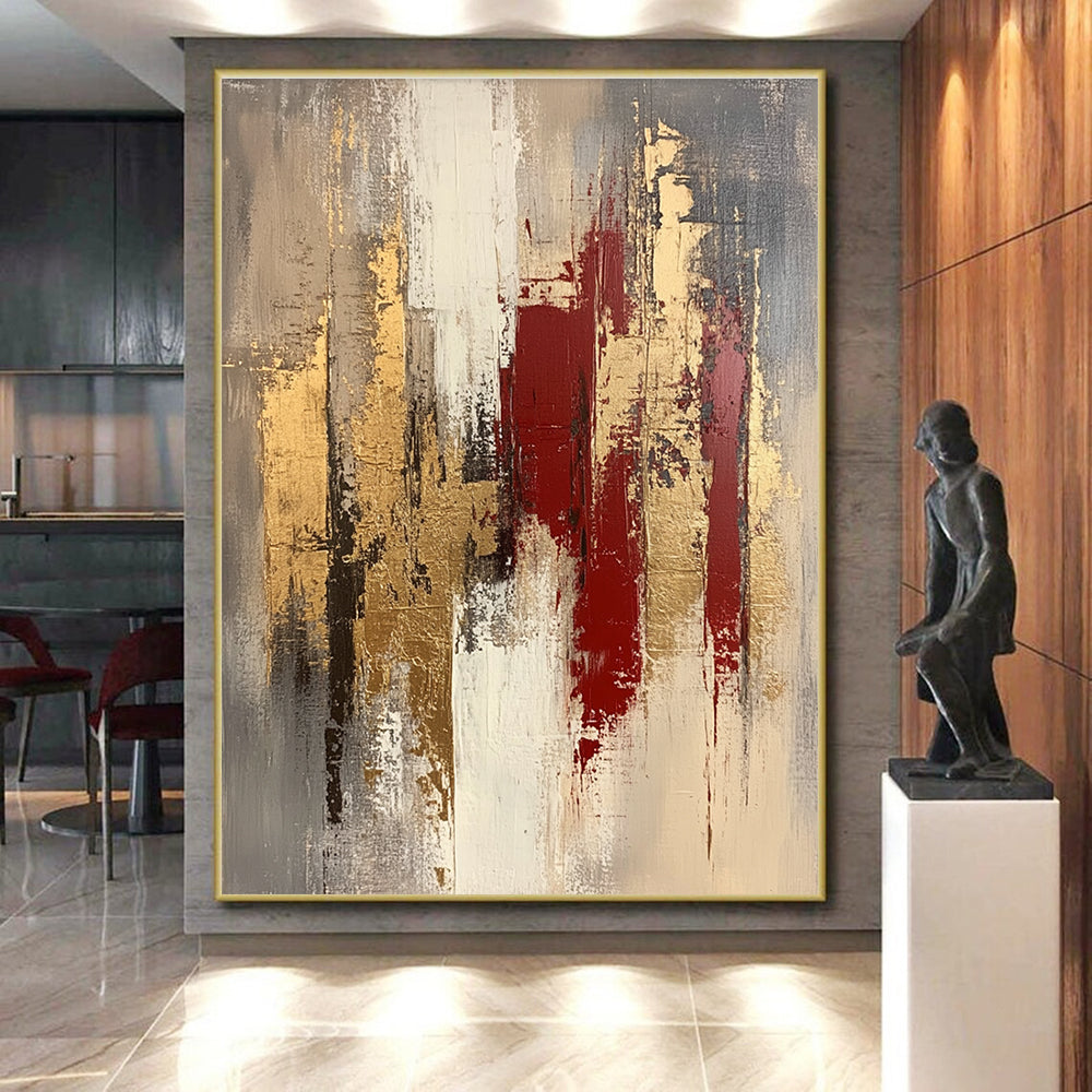 Gold Red and Gray Abstract Painting with Layered Strokes GER663