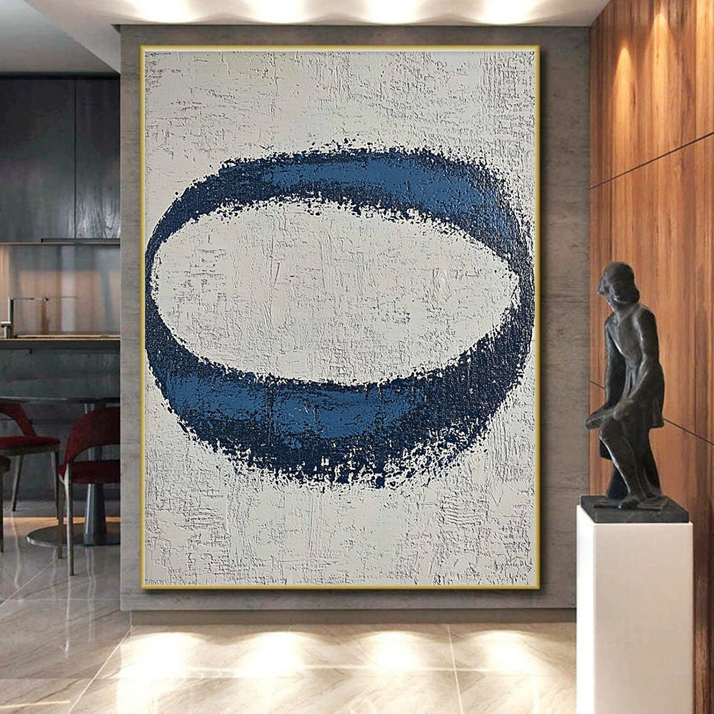 Blue Oval on Textured White Abstract Painting with Rough Edges GER024