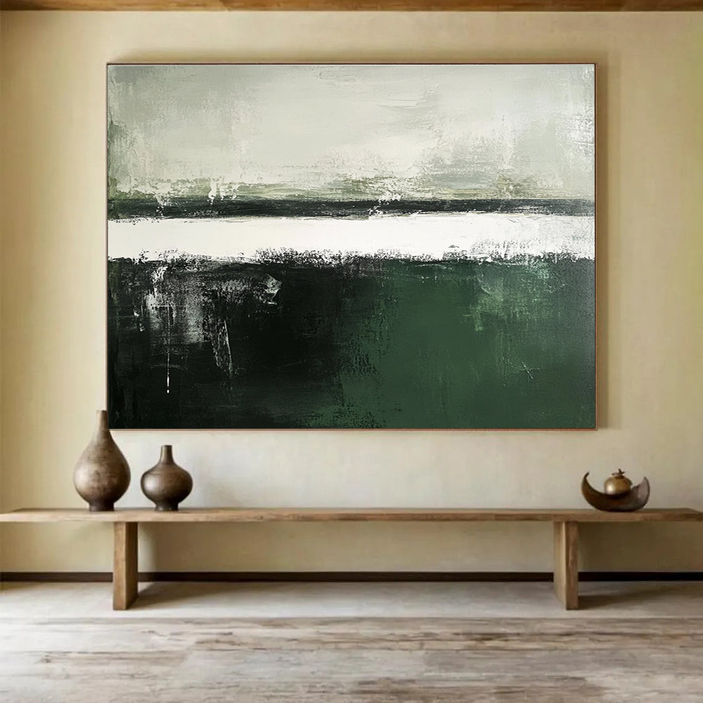Large abstract painting in dark green and gray tones features a white sky and dark gray sea, showcasing subtle textures in a minimalistic composition.SC054