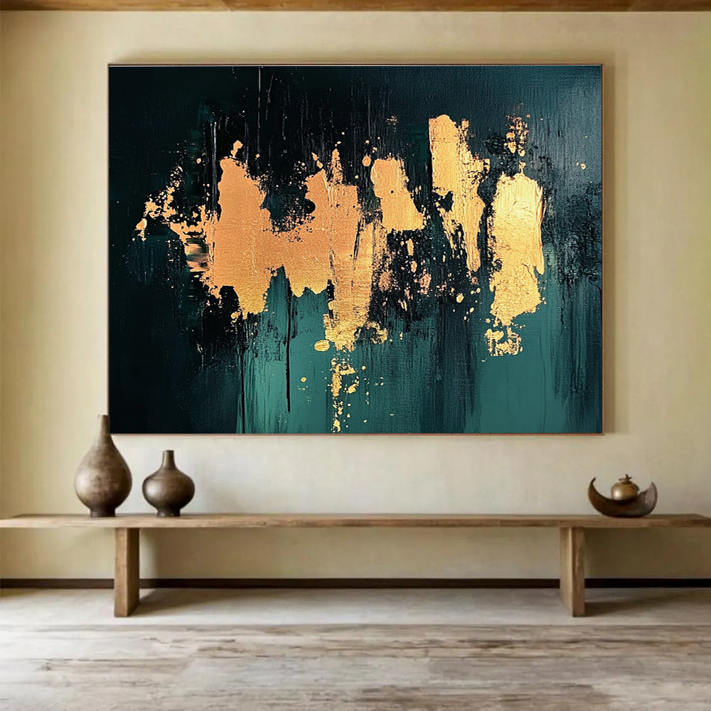 Gold Splash on Green Abstract Painting with Bold Textures DYP418