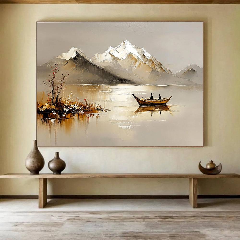 Abstract oil painting with textured palette knife depicting serene lake mountains ancient boats and blooming wildflowers in warm gray hues.SC608