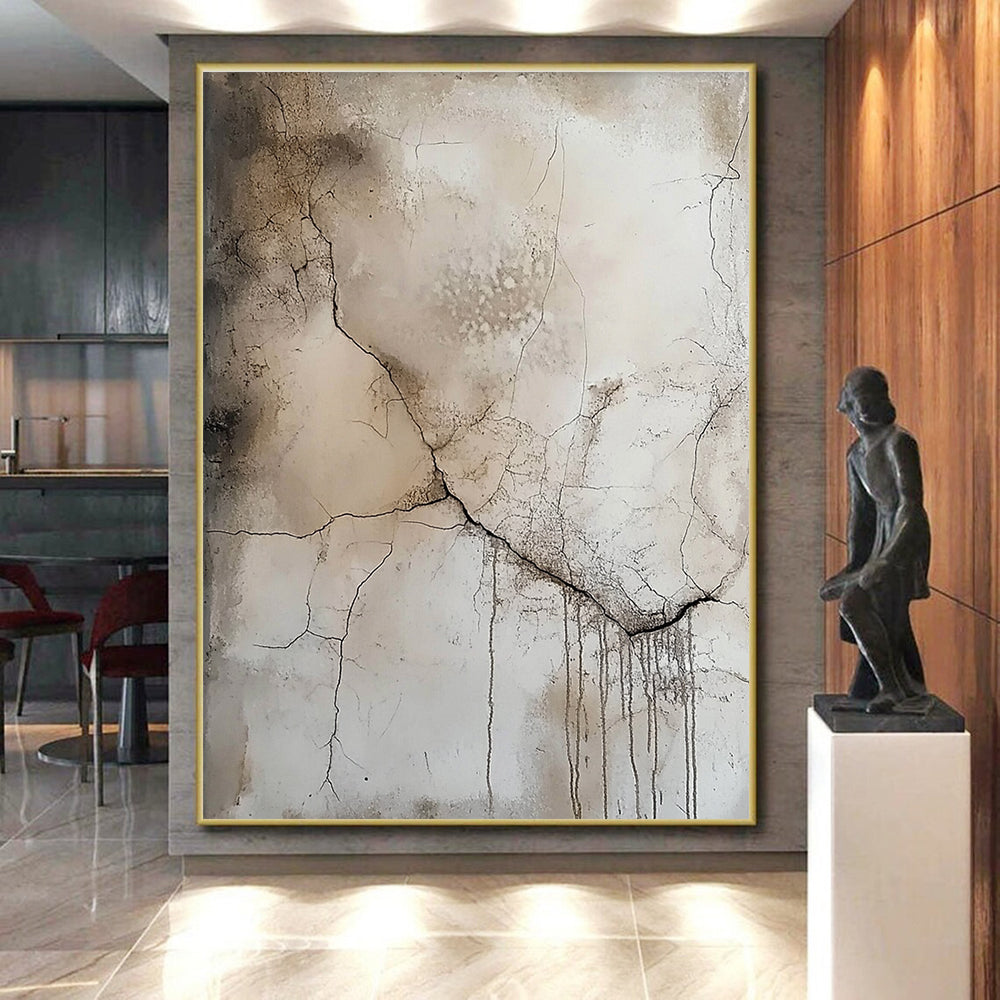 Beige and Gray Abstract Painting with Dramatic Cracks GER565
