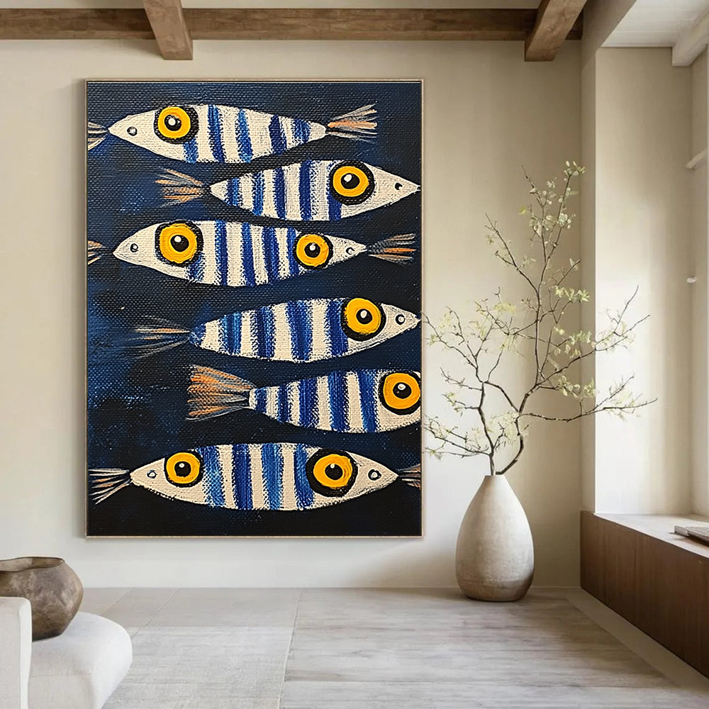 A large abstract painting featuring sardines with blue and white stripes and yellow eyes, set against a dark background.STSC1171