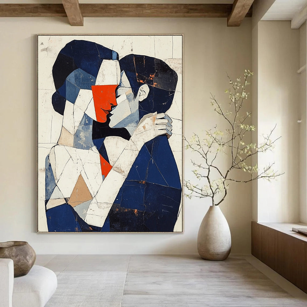 Abstract painting of a man and woman embracing in dark blue white and red tones with deconstructed tailoring and minimal background.STSC1055