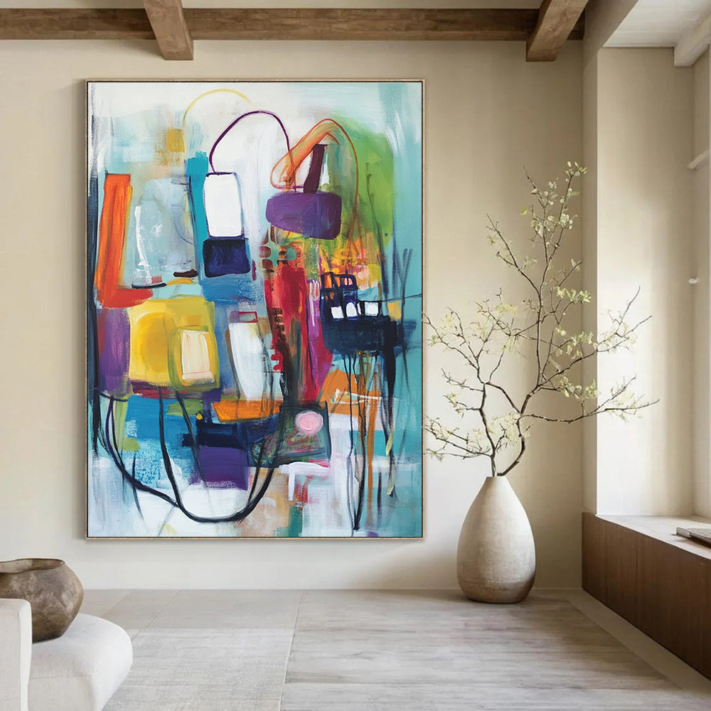 A large abstract painting featuring vibrant shapes and colors, depicting buildings and organic movement, created with expressive oil paint techniques.STSC823