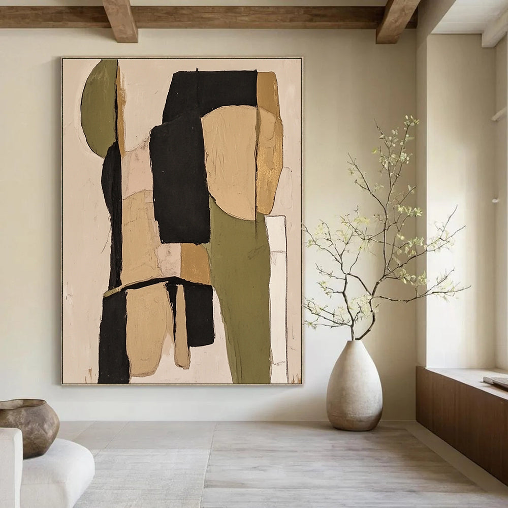 Large abstract painting featuring sage green and black tones with beige and neutral colors for a sophisticated artistic touch.STSC481
