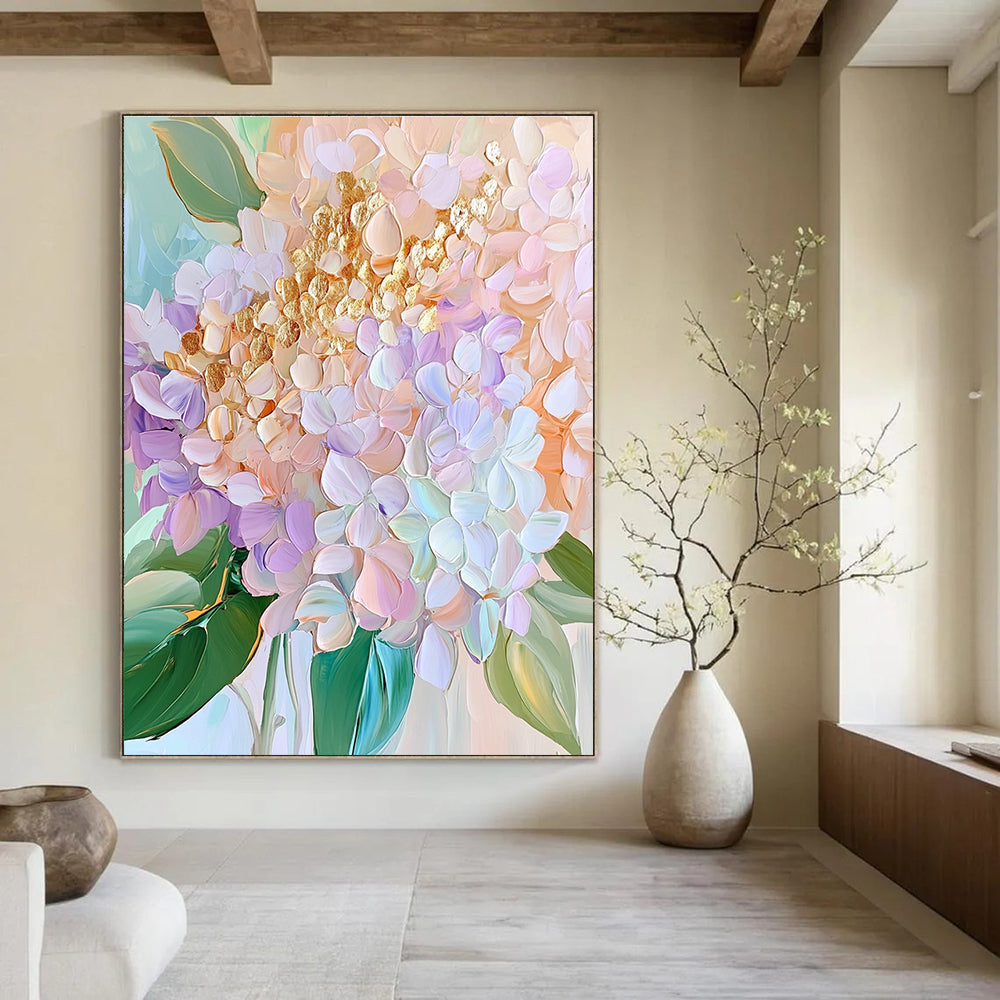 Large abstract painting of pastel hydrangeas featuring golden petals and delicate textures in soft pinks greens and blues.STSC1153