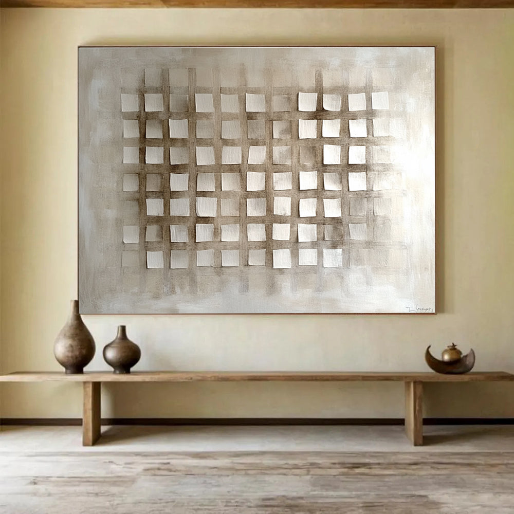 Beige and Brown Grid - Patterned Abstract Painting DYP121
