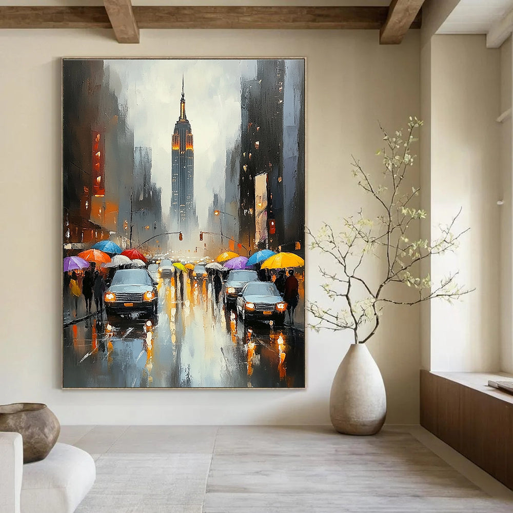 Abstract painting featuring New York City with the Empire State Building vibrant colors rain reflections and soft brush strokes capturing city life.STSC1362