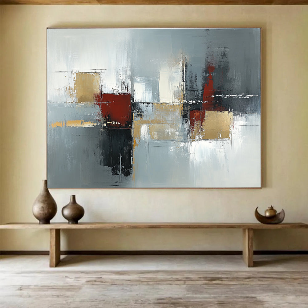 Large abstract painting in neutral tones and grays featuring urban-inspired shapes with depth and texture suitable for modern decor.SC244