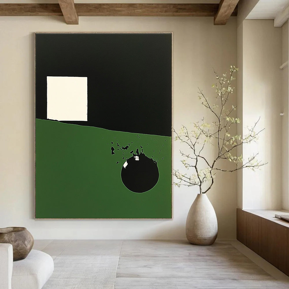 Large abstract painting featuring dark green and black shapes a white irregular square and a prominent circle with black overlay.STSC130