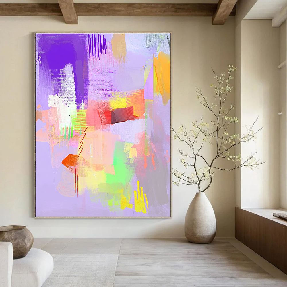 Large abstract painting features light pastel colors and joyful textures, creating an uplifting and aesthetically pleasing atmosphere.STSC545