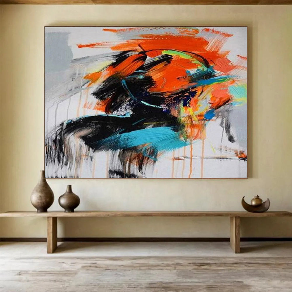 Energetic Color Splash Abstract Painting with Orange, Blue, and More THY287