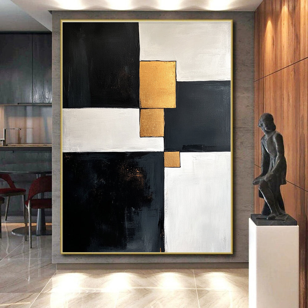 Black White and Gold Abstract Painting with Geometric Gold Accents GER667