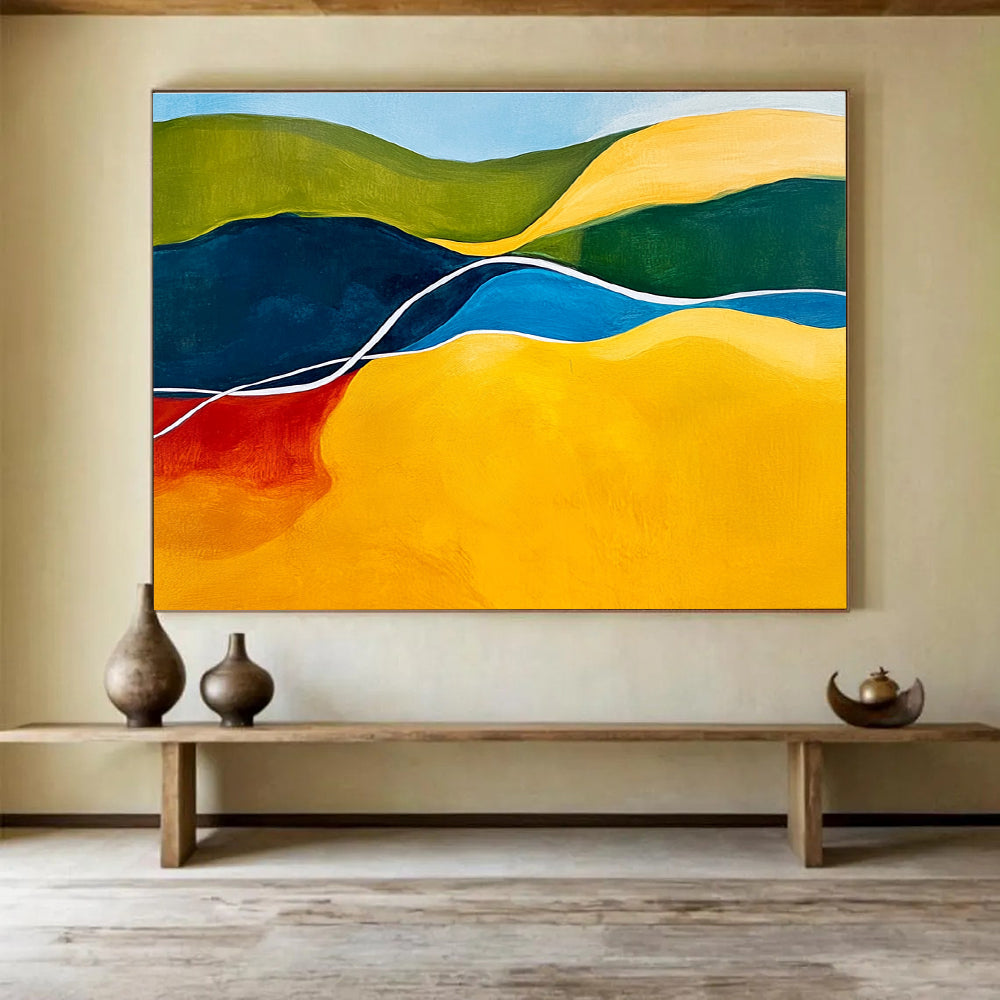 Vibrant Geometric Hills Abstract Painting with Bold Color Blocks DYP229