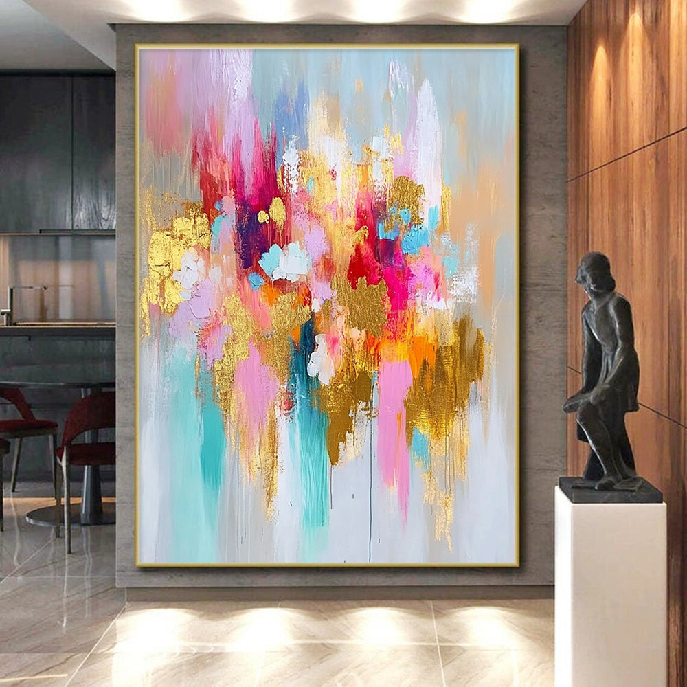 Pink Gold and Blue Abstract Painting with Floral Inspirations GER675