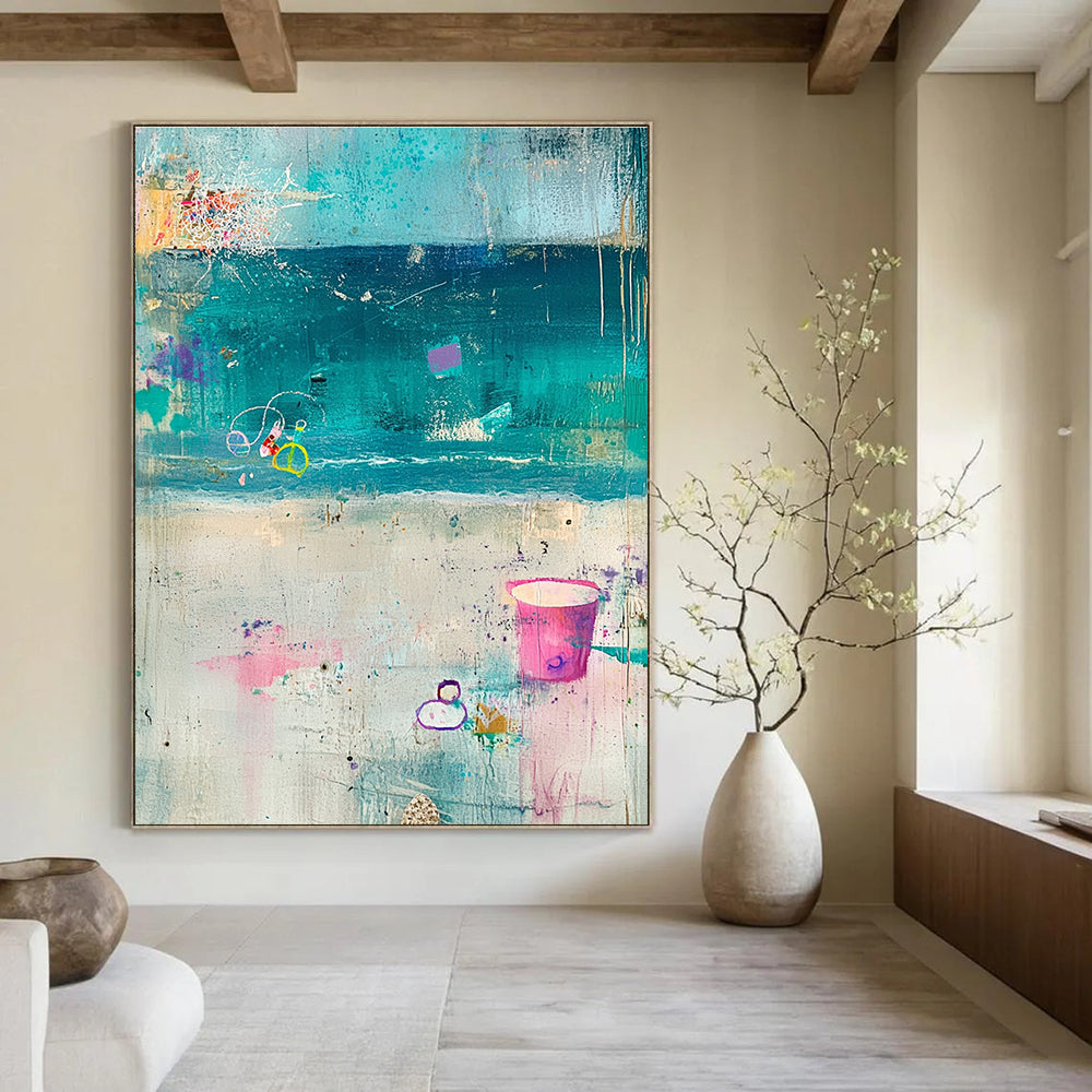 Large abstract painting featuring a pastel beach scene with elements of the sea sand and sky in soft tones set against a textured gray background.STSC1101