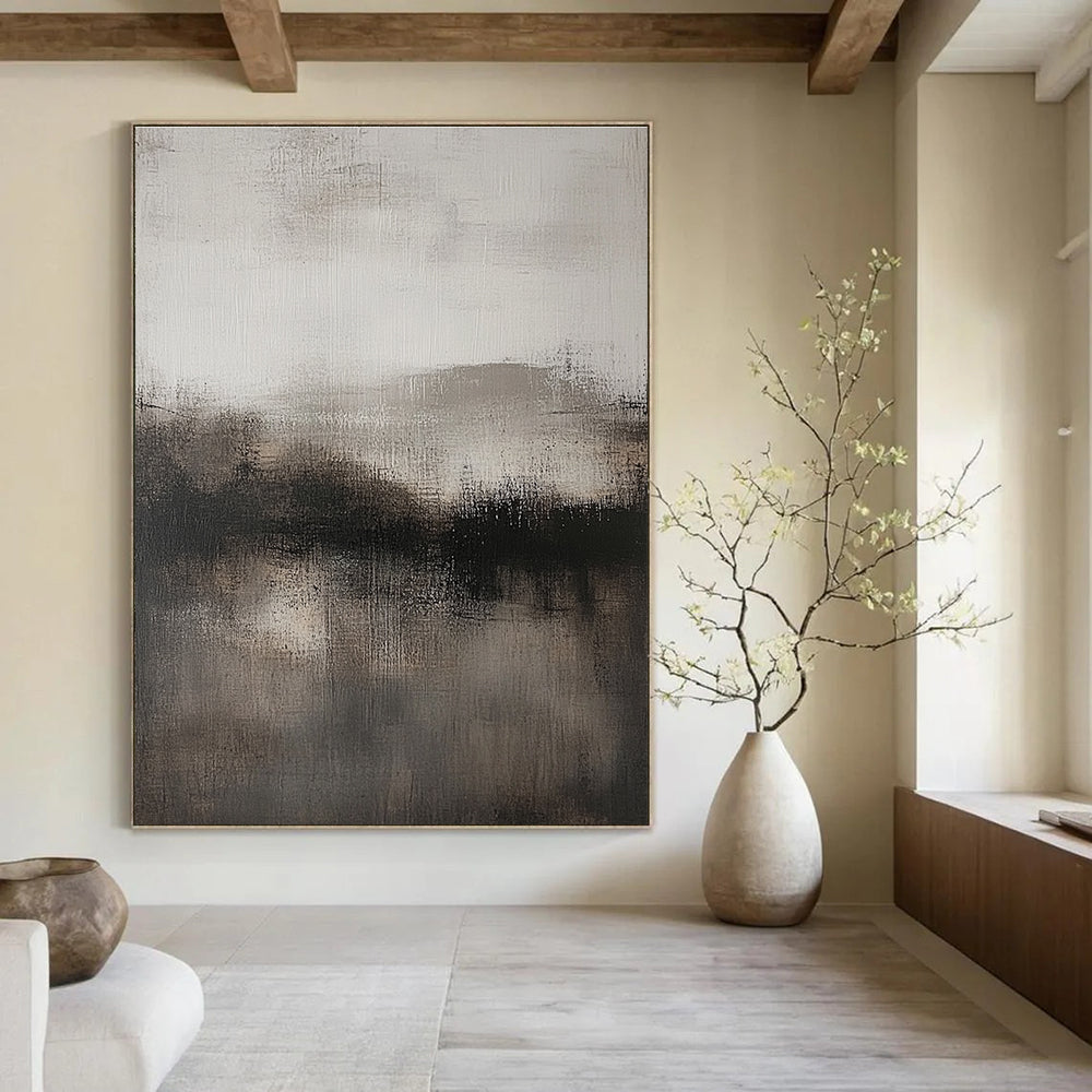 Large abstract artwork featuring neutral tones in gray and black with subtle textures for a sophisticated decor touch.STSC080