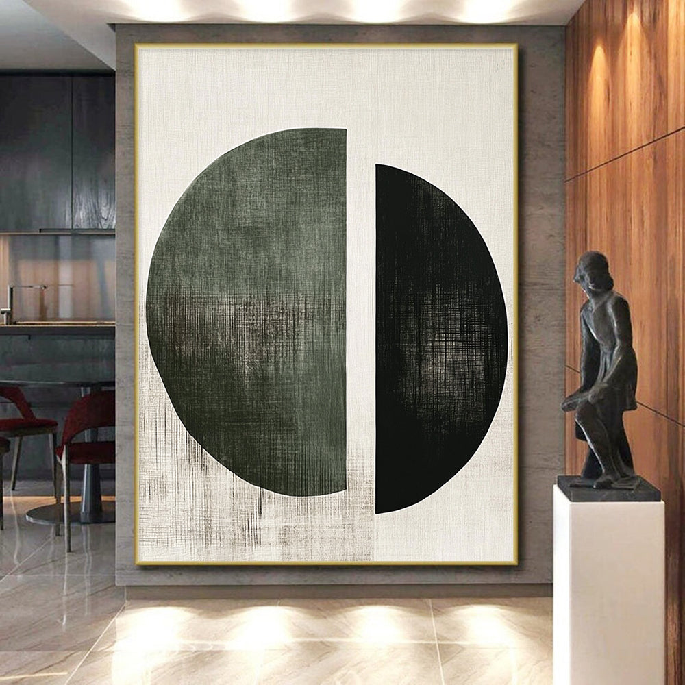 Green and Black Circular Abstract Painting with Geometric Simplicity GER131